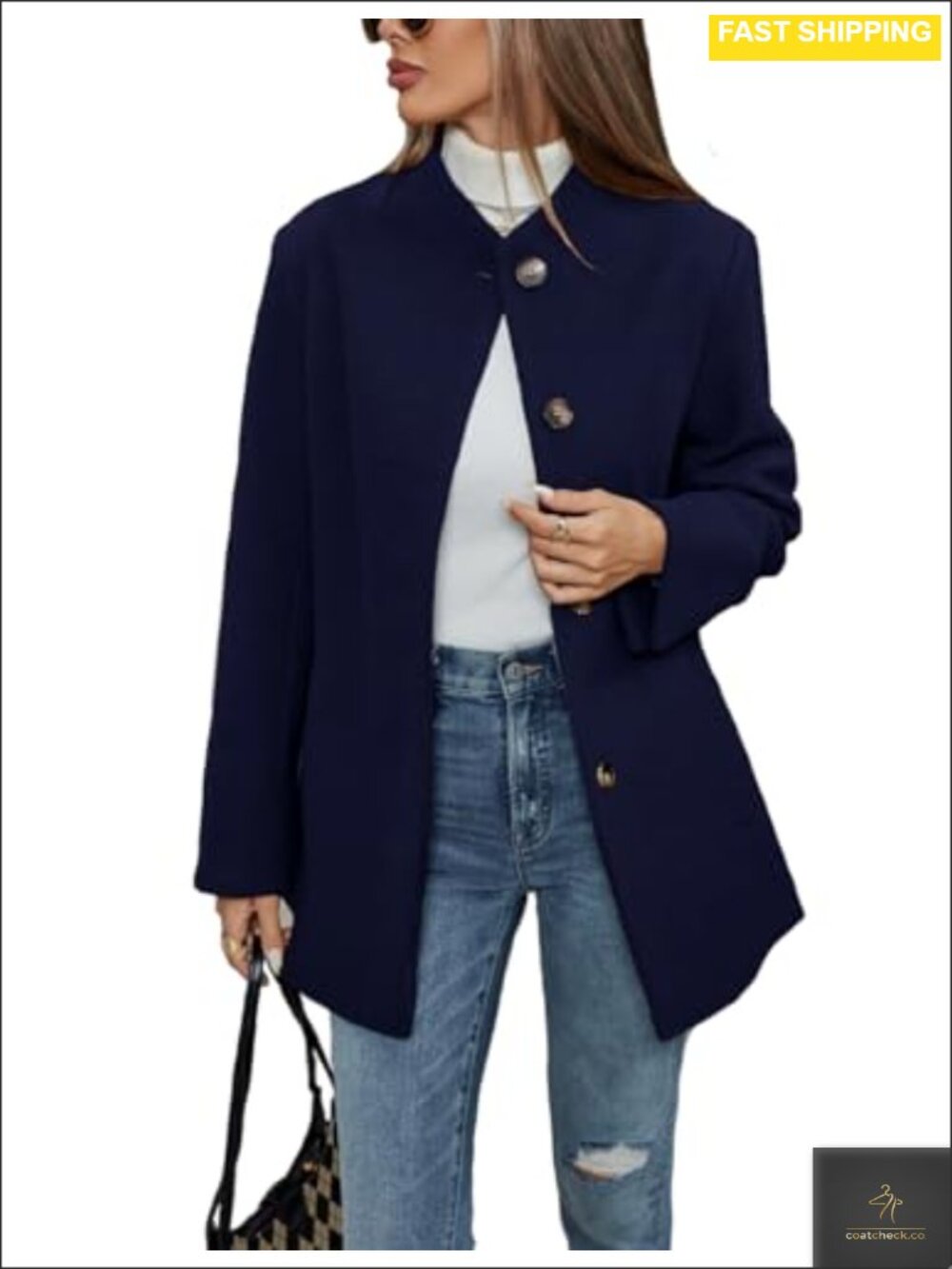 Wool Blend Pea Coat Collarless Single Breasted Midi Overcoat